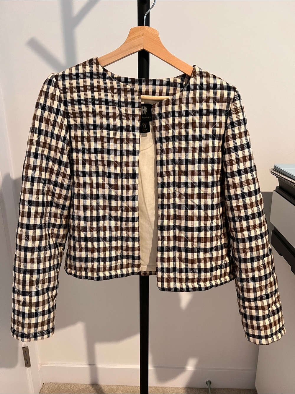 House of Harlow 1960 Plaid Cropped Jacket Blazer Brown Cream - Size M
